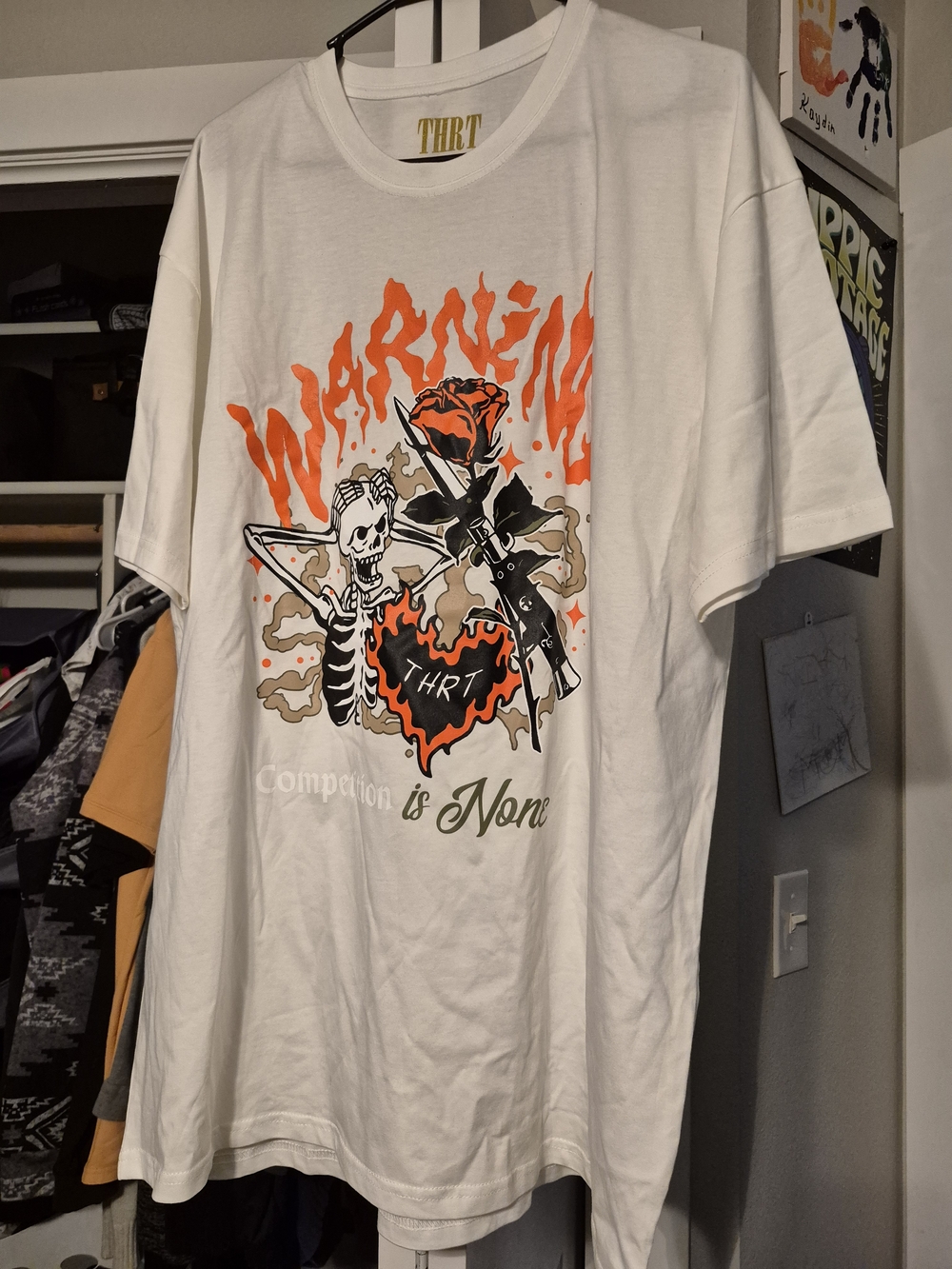White Short-Sleeve Graphic Tee with Orange Skull & Rose Print